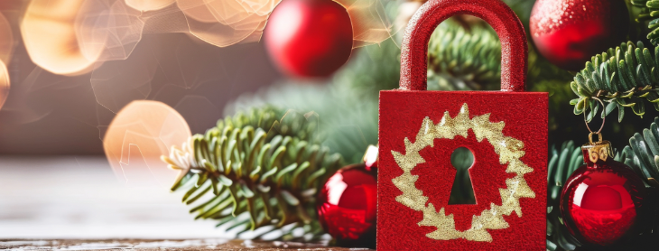 A festive holiday scene featuring a red padlock with a golden wreath design in front of a Christmas tree adorned with red ornaments, pine cones, and soft glowing lights in the background.