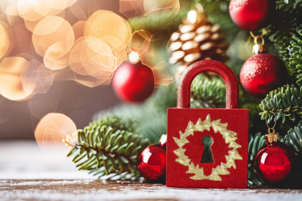 A festive holiday scene featuring a red padlock with a golden wreath design in front of a Christmas tree adorned with red ornaments, pine cones, and soft glowing lights in the background.